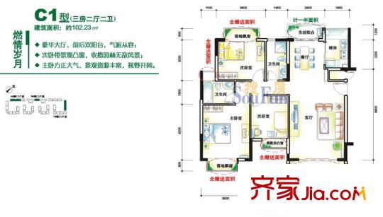 风临四季花园户型图C1 燃情岁月 3室2厅2卫1厨
