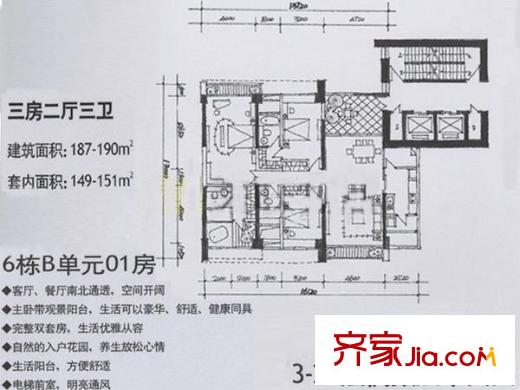 中信红树湾二期6栋B单元01房 3室户型图