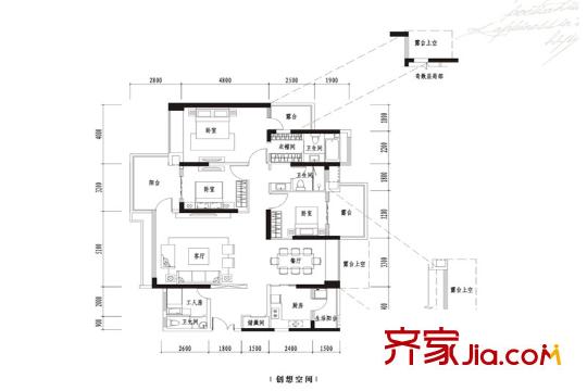 波托菲诺香山里二期户型图7栋偶数层G户型 3室2厅3卫1厨