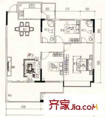光谷青年城（還建房）戶型圖光谷青年城 3室 戶型圖 3室2廳2衛(wèi)1廚
