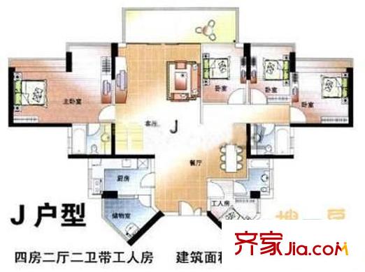 海印长城户型图四房两厅两卫面积约125平方米 4室2厅2卫1厨