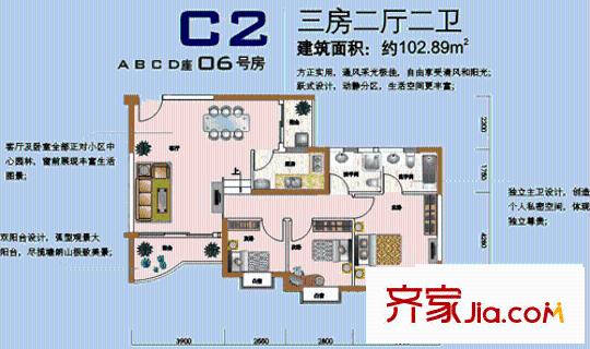 中爱花园户型图3室2厅2卫1厨