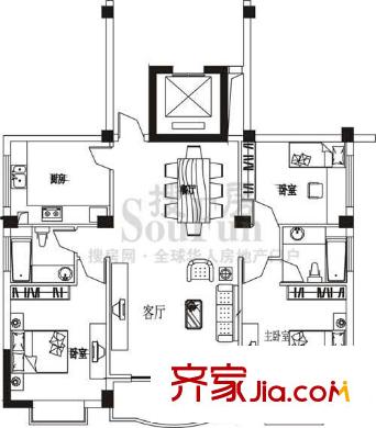 泰合百花公園三期戶型圖E1A 3室2廳