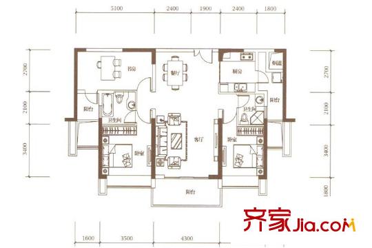 绿海湾花园户型图D座2单元02户型 2室2厅2卫1厨
