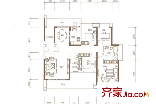 绿海湾花园户型图A座1单元01户型 3室2厅2卫1厨