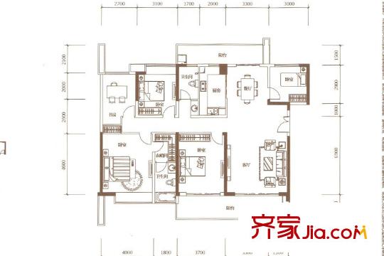 绿海湾花园户型图A座1单元03户型 4室2厅2卫1厨