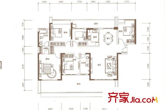 绿海湾花园户型图D座2单元03户型 5室2厅2卫1厨