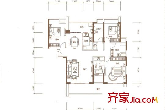 绿海湾花园户型图D座1单元01户型 4室2厅2卫1厨