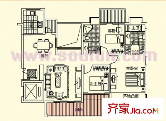 左庭右院户型图三房两厅三卫奇数层 3室2厅2卫1厨