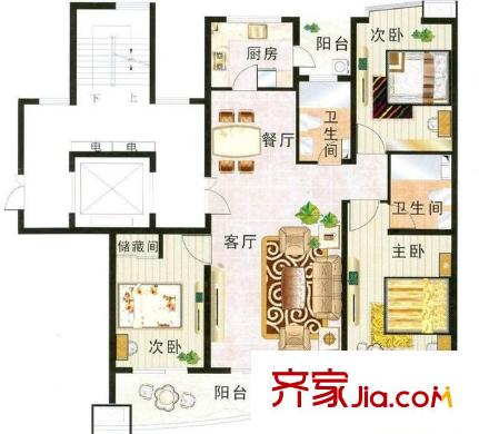 月亮湾花园户型图四房两厅一卫面积约103平方米 4室2厅1卫1厨