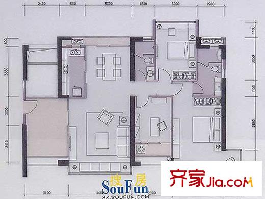 后海公馆户型图0305户型 3室2厅2卫1厨
