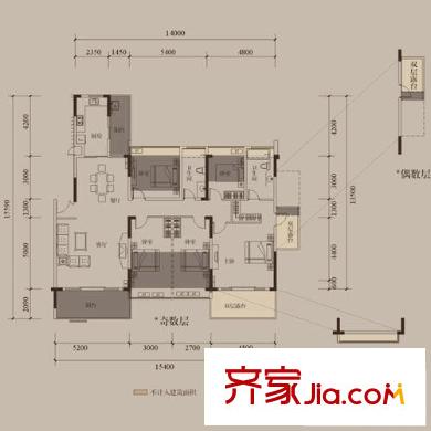 绿景城市立方户型图4B栋2-9/5B栋2-8/6B栋2-7层B户型 4室2厅2卫