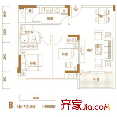 金众蓝钻风景户型图B户型 2室2厅1卫