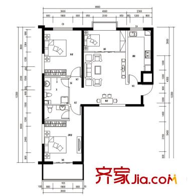 龍城佳苑戶型圖D戶型 3室2廳1衛(wèi)1廚
