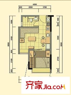 华业玫瑰郡户型图3栋3单元01户型 1室2厅1卫