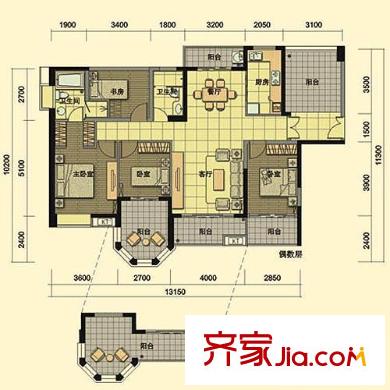 华业玫瑰郡户型图4栋4单元A户型 4室2厅2卫