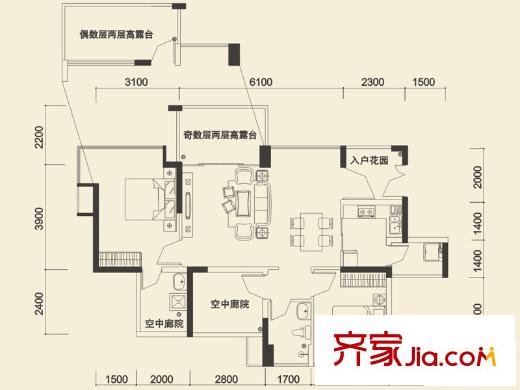 荔山公馆户型图3栋1单元01户型 2室2厅1卫1厨