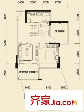 荔山公馆户型图3栋1单元06户型 1室2厅1卫1厨