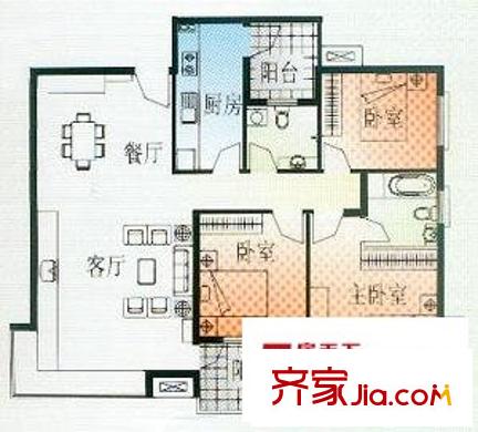 新亚洲花园户型图户型图 3室1厅1卫1厨