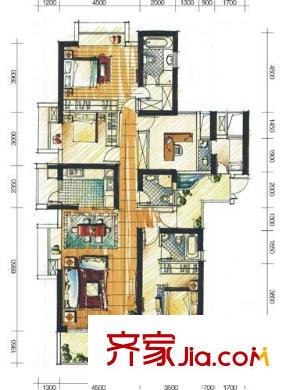 半岛城邦户型图3栋A+B 4室2厅4卫1厨