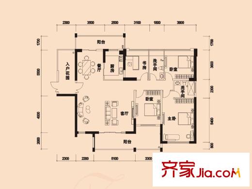 卓弘高尔夫雅苑5号楼B户型 4室2厅2卫1厨