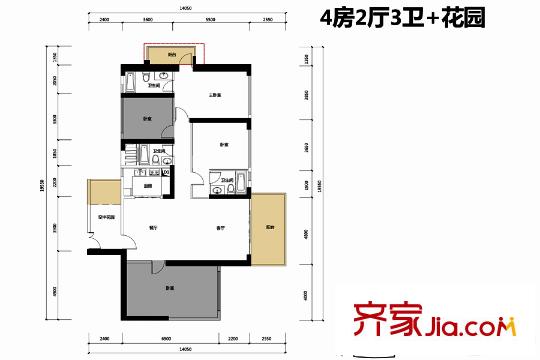 博林天瑞8栋A户型 4室2厅3卫1厨