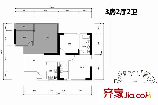 博林天瑞6栋A户型 3室2厅2卫1厨