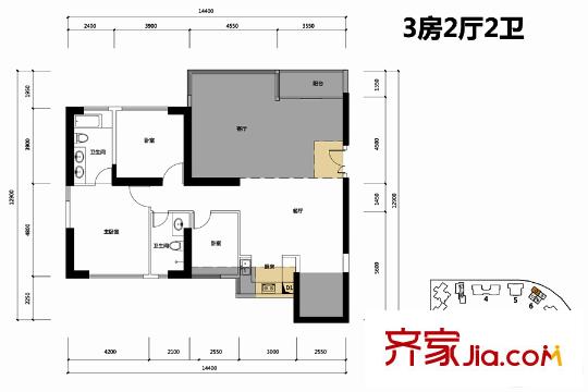 博林天瑞6栋D户型 3室2厅2卫1厨