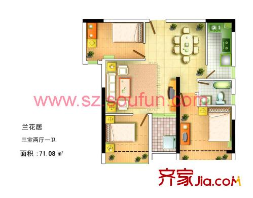 怡康家园户型图兰花居B-b05 3室2厅1卫1厨