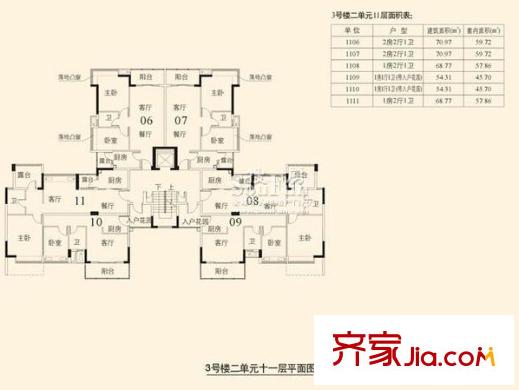 信义锦绣花园户型图3号楼二单元十一层 2室2厅1卫