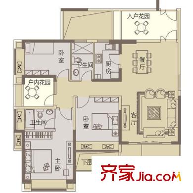 阳光天健城户型图5栋N户型-偶数层 3室2厅2卫1厨