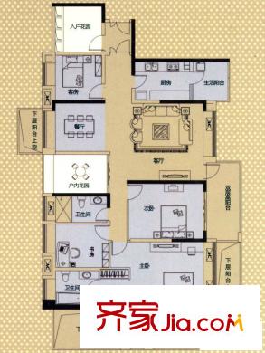 阳光天健城户型图6栋P户型-偶数层 4室2厅2卫1厨