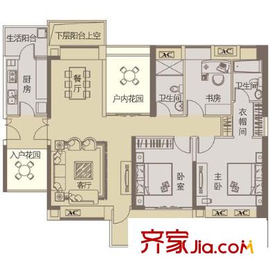 阳光天健城户型图5栋M户型-偶数层 3室2厅2卫1厨