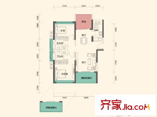 振业天峦6栋A、H户型 2室2厅1卫1厨