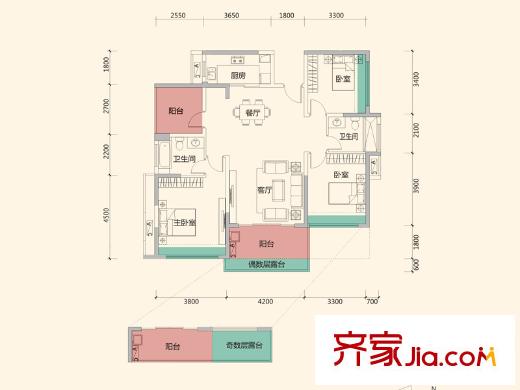 振业天峦8栋B户型 3室2厅2卫1厨