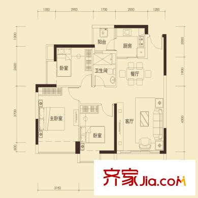 怡龙枫景园户型图C1户型 3室2厅1卫1厨