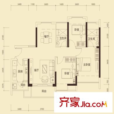 怡龙枫景园户型图C2户型(3栋、5A座、6栋06号) 3室2厅1卫1厨