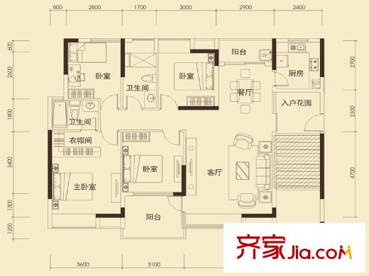 怡龙枫景园户型图d4b户型(2栋B座01、03号) 4室2厅2卫1厨