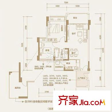 茗萃园户型图J1 2室2厅1卫1厨