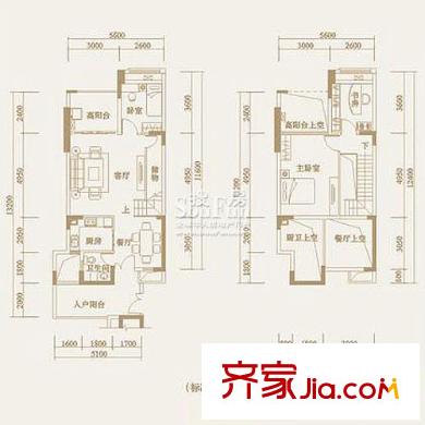茗萃园户型图复式E1 3室2厅1卫1厨