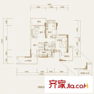 茗萃园户型图J2 2室2厅1卫1厨