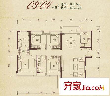 万科清林径户型图33-35号楼03、04户型 4室2厅2卫1厨