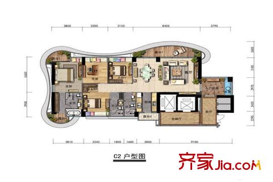 万豪掬月半山C2户型图 4室2厅3卫1厨
