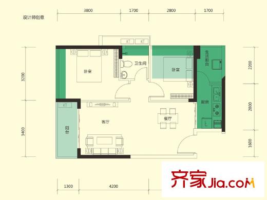 尚水天成5栋A座01/06户型 2室2厅1卫1厨