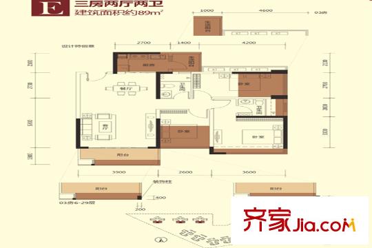尚水天成1、2、3栋89平户型 3室2厅2卫1厨