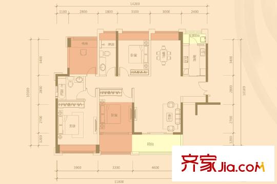 大族河山2座01户型 4室2厅2卫1厨