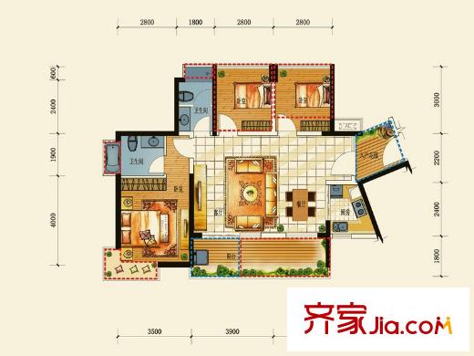 深房传麒尚林1栋01/02户型 3室2厅2卫1厨