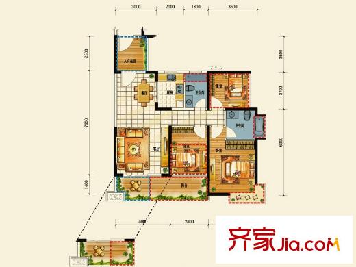 深房传麒尚林2栋A/B座03户型 3室2厅2卫1厨