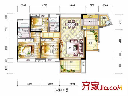 保利生态城184栋1户型 3室2厅2卫1厨