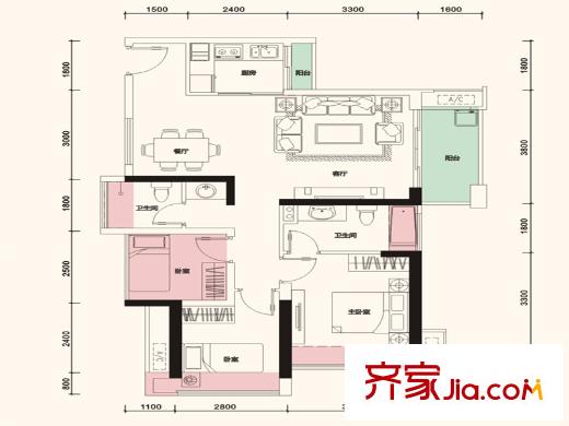 保利上城户型图4栋2单元K户型 3室2厅2卫1厨
